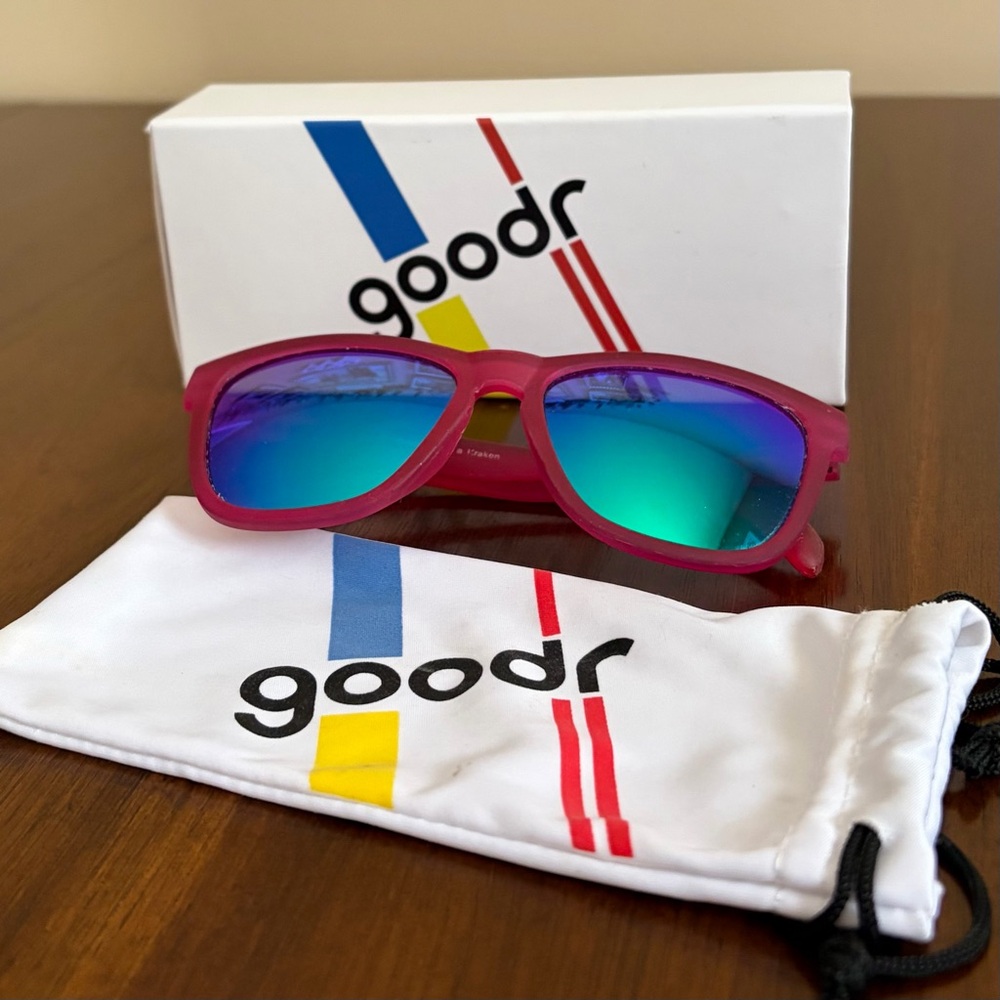 Goodr Pink Frame Sunglasses with Blue-Green Mirrored Lenses